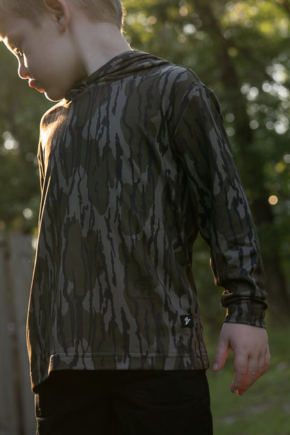 Youth Hooded Performance Shirt | Mossy Oak Bottomland Camo