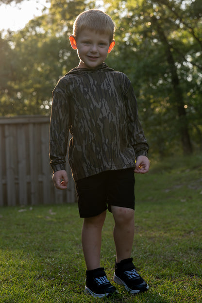 Youth Hooded Performance Shirt | Mossy Oak Bottomland Camo