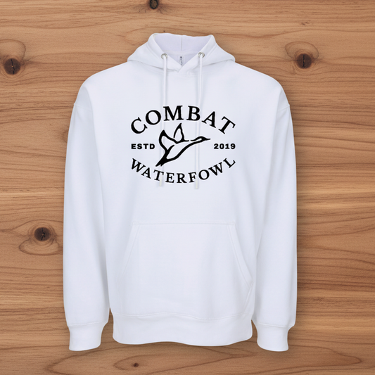 White hoodie with 'Combat Waterfowl' logo on a wooden surface