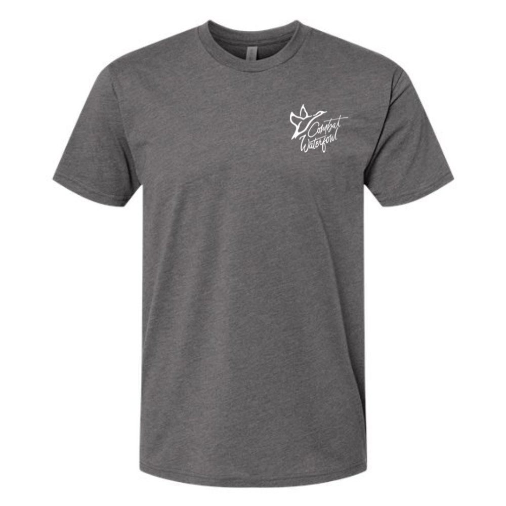 Heather gray Next Level Apparel tee with a white "Combat Waterfowl" duck logo on the left chest.