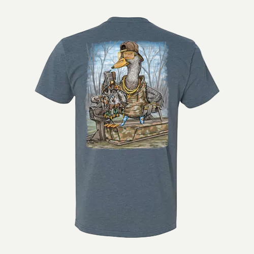 Heather blue tee with a "Deep Woods Dolph" graphic: an American Black Duck in a boat with hunting gear.